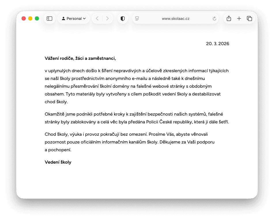 Prohlášení školy k aktuální situaci, které dočasně nahradilo web školy